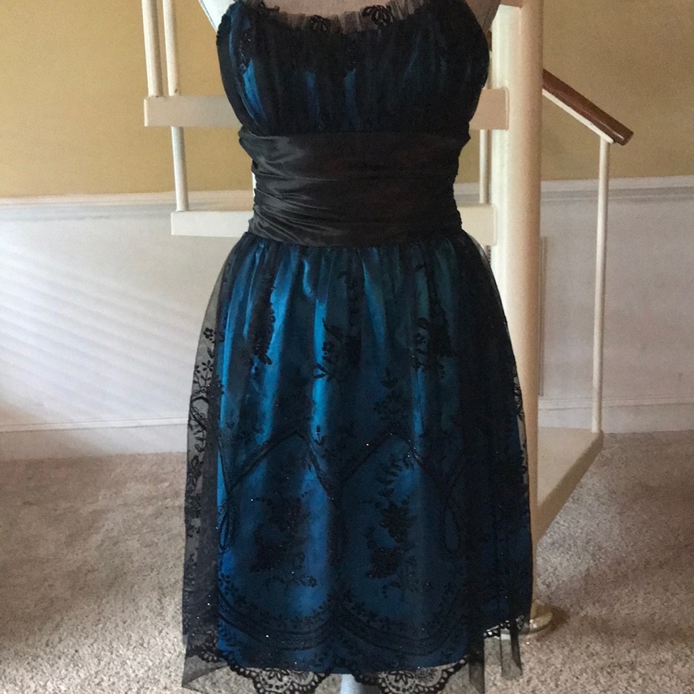 Black lace - blue satin dress Morgan and Company